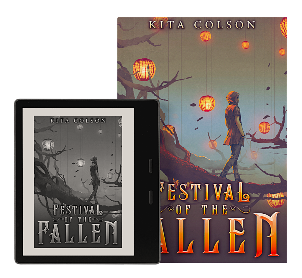 Festival of the Fallen book cover - a young woman walks on a branch among lanterns